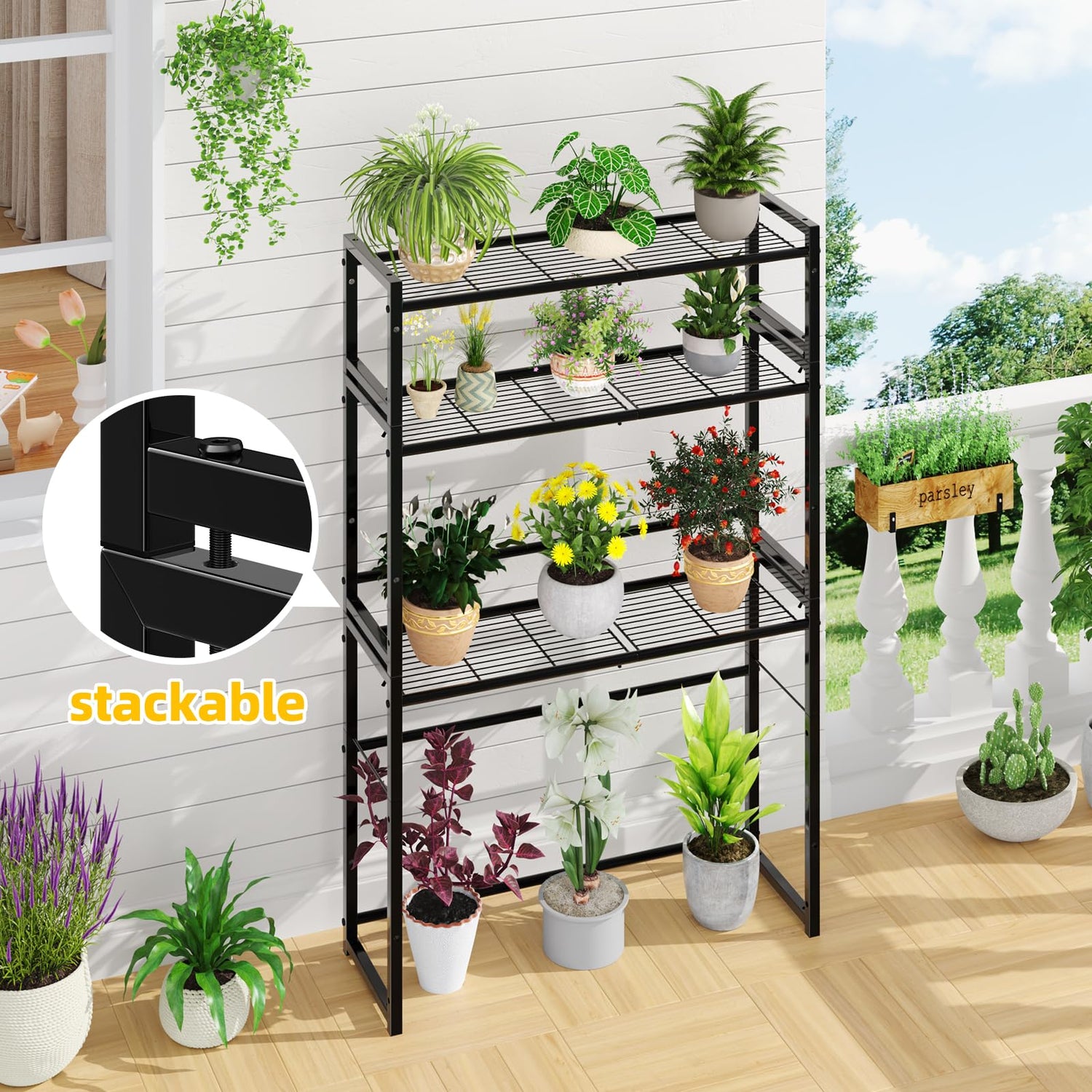 Stackable 3-tier metal plant stand for indoor & outdoor use