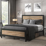 Grey Metal Bed Frame Queen/Industrial Wooden Platform Bed with Rivet Headboard