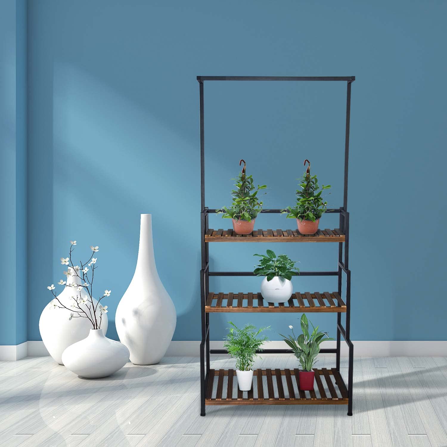 Tall Metal Plant Stand with Hanging Hooks and Wood Shelves