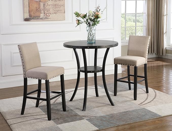 Biony 3-Piece Round Espresso Bar Table with Nail Head Stools