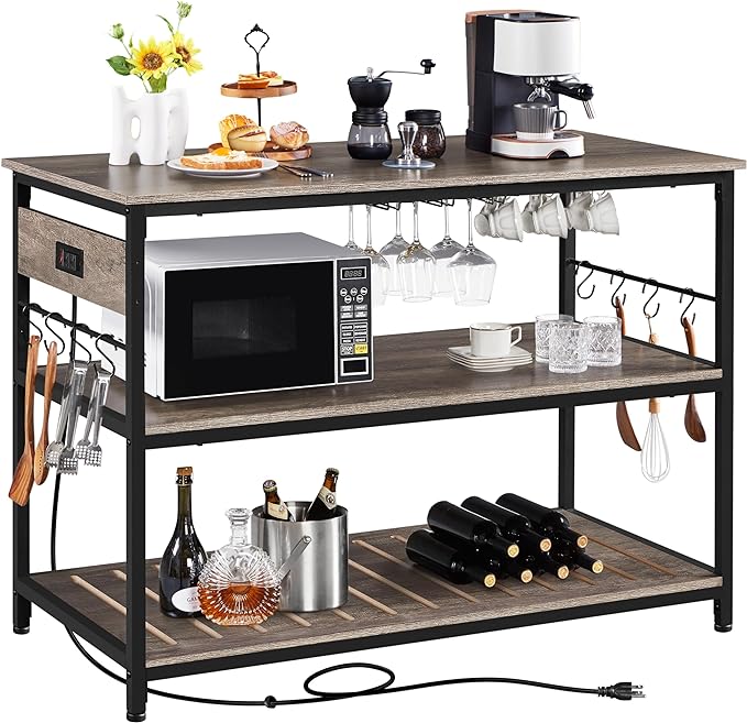 Kitchen Island with Power Outlet, Rolling Kitchen Cart with Wine Rack