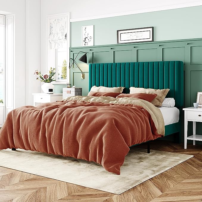 Queen Bed Frame, Velvet Upholstered Platform Bed