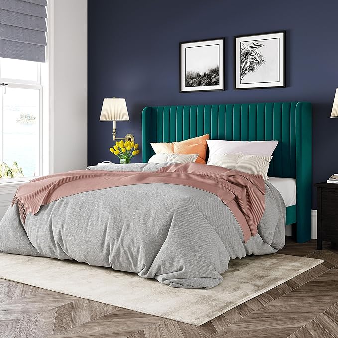 Full Size Velvet Bed Frame/Vertical Channel Tufted Wingback Headboard/Upholstered Platform Bed