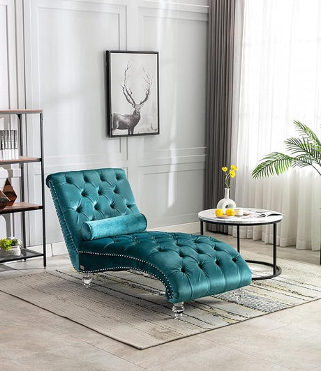 Velvet Chaise Lounge Chair with Toss Pillow