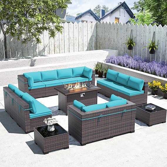 Outdoor Patio Furniture Set with Gas Fire Pit Table, 13 Pieces Patio Sectional Sofa