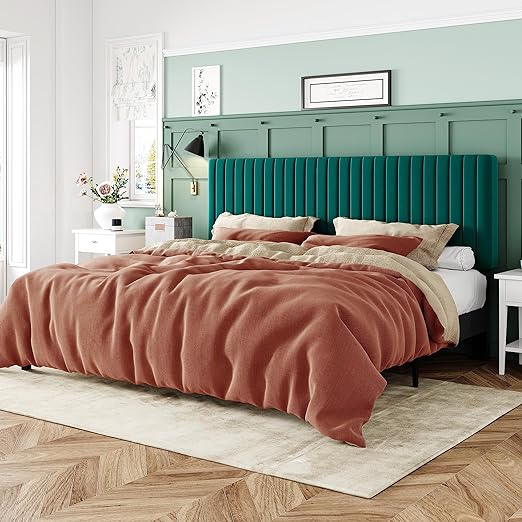King Bed Frame, Velvet Upholstered Platform Bed