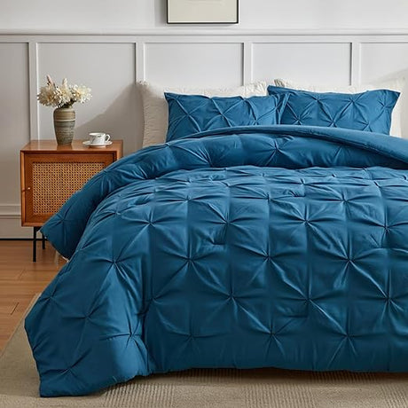 Pinch Pleated Navy Comforter Set Queen Size Bed, 3 Piece Pintuck Bedding Sets