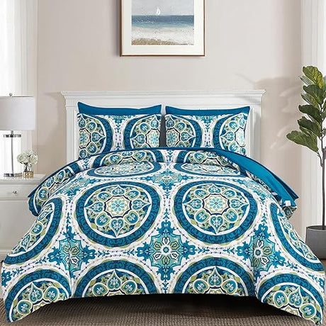 Blue Boho Queen Comforter Set 7 Pieces, Bohemian Bed in a Bag Queen