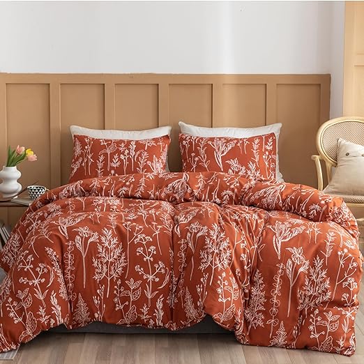 Queen Floral 3 PCS Bedding Sets Oatmeal Plant Flowers Printed on Fluffy Comforter