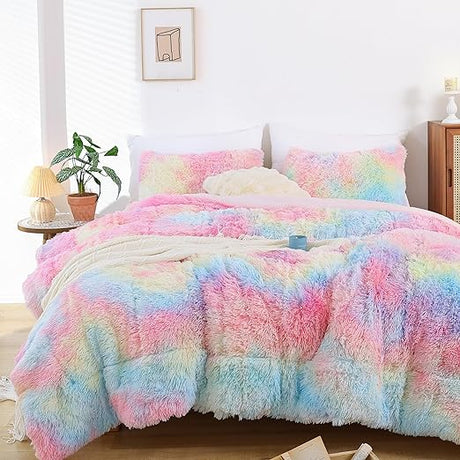 Faux Fur Comforter Queen Comforter Set Plush Comforter Tie-Dyed Colorful Blue