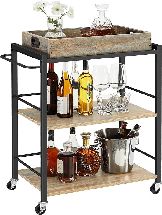 Industrial Bar Cart for The Home, Serving Cart with Wheels and Handle