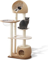 54" Modern Cat Tree Tower for Indoor Cats, Solid Oak Cat Scratching Tree