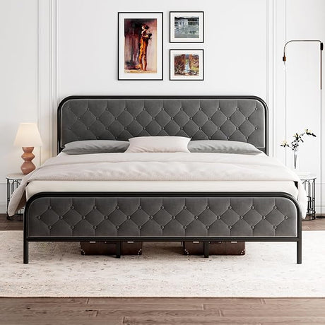 King Size Bed Frame, Upholstered Bed Frame with Diamond Tufted Headboard