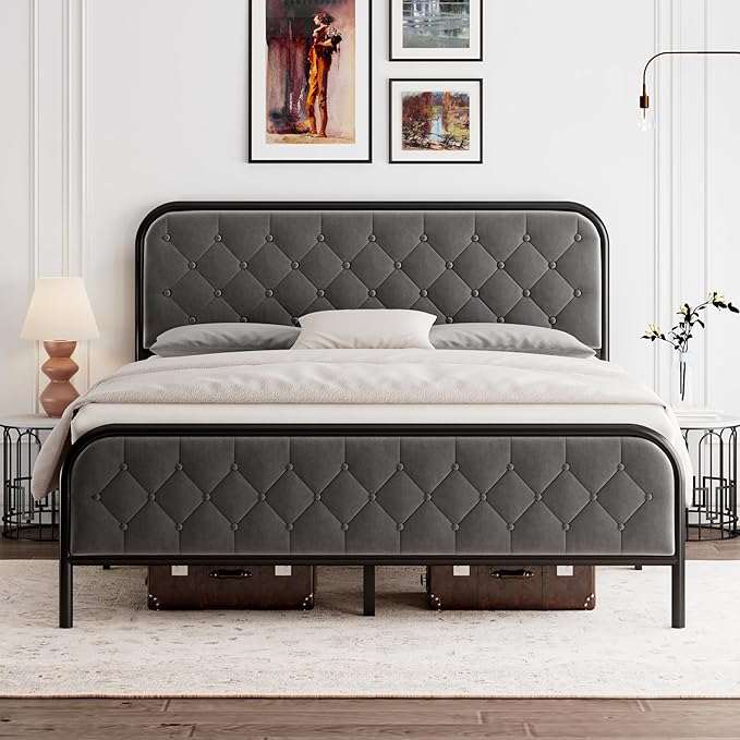 Full Size Bed Frame, Upholstered Bed Frame with Diamond Tufted Headboard