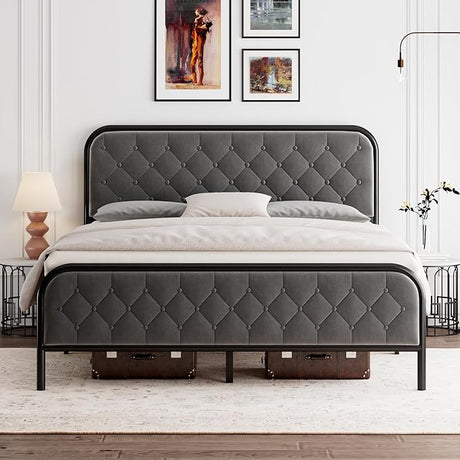 Full Size Bed Frame, Upholstered Bed Frame with Diamond Tufted Headboard