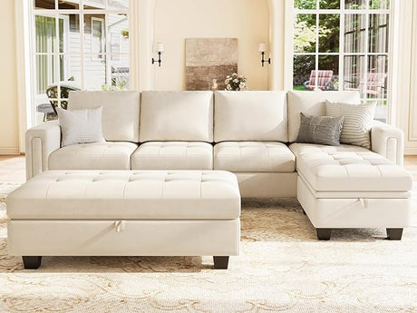 Velvet Convertible 4-Seat Sectional Sofa with Reversible Chaise L