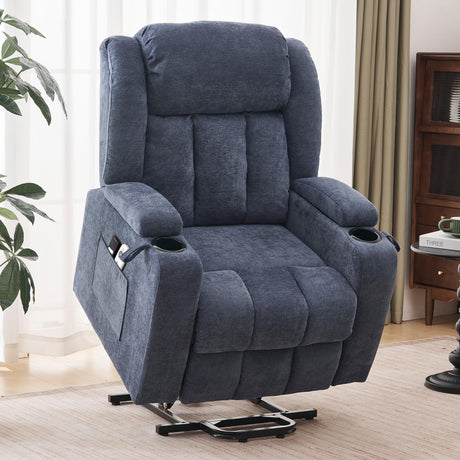 Velvet Recliner with Massage, Heat & Cup Holders – Navy Blue