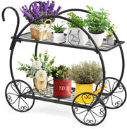 Vintage-style black metal plant stand with decorative wheels