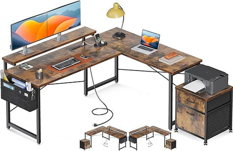 L Shaped Computer Desk, 55" Office Desk with File Cabinet