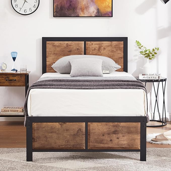 Twin Size Platform Bed Frame with Black Wood Headboard, Mattress Foundation