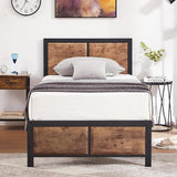 Twin Size Platform Bed Frame with Black Wood Headboard, Mattress Foundation