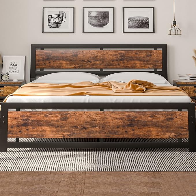 King Size Platform Bed Frame with Industrial Wood Headboard and 12 Strong Support Meta