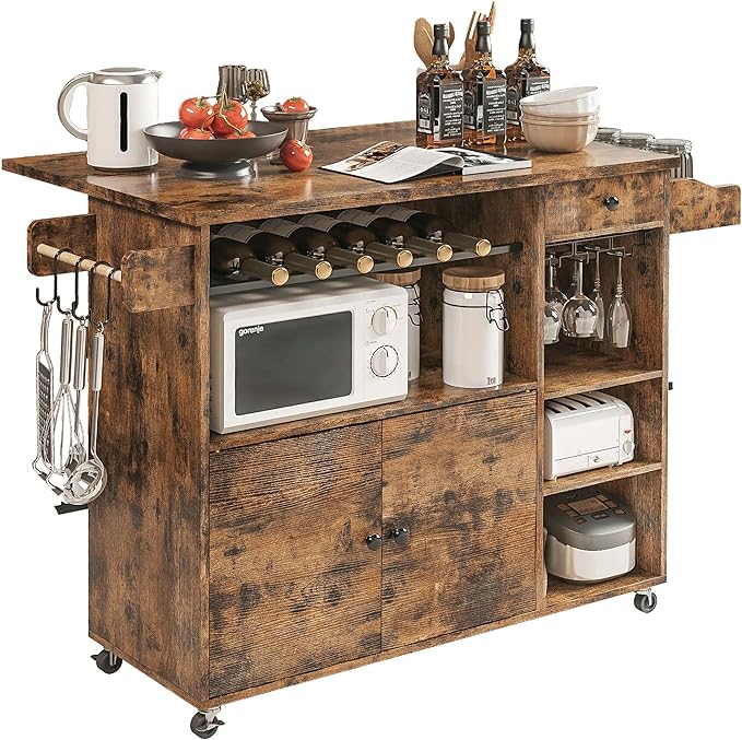Rolling Kitchen Island Cart with Drop-Leaf and Wine Rack