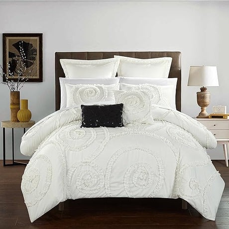 7 Piece Rosalia Floral Ruffled Etched Embroidery Comforter Set, Queen, Navy