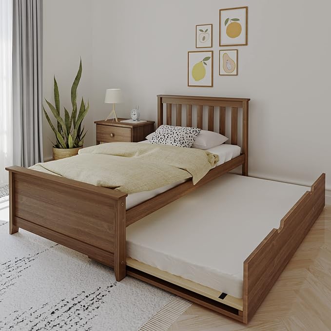Twin Bed, Wood Bed Frame with Headboard For Kids