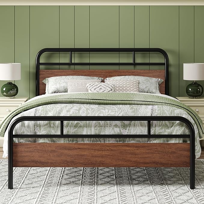 Queen Size Metal Bed Frame with Round Wooden Headboard and Footboard