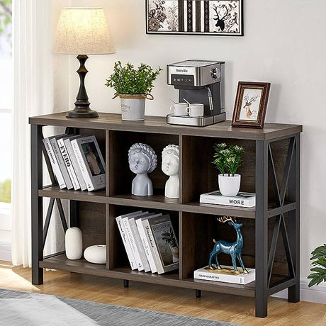 6 Cube Storage Organizer with Shelf, Long Wood and Metal Cubby Bookcase