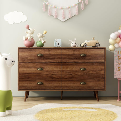 Walnut Brown 6 Drawer Dresser - Modern Bedroom Storage Cabinet with Kids Decor
