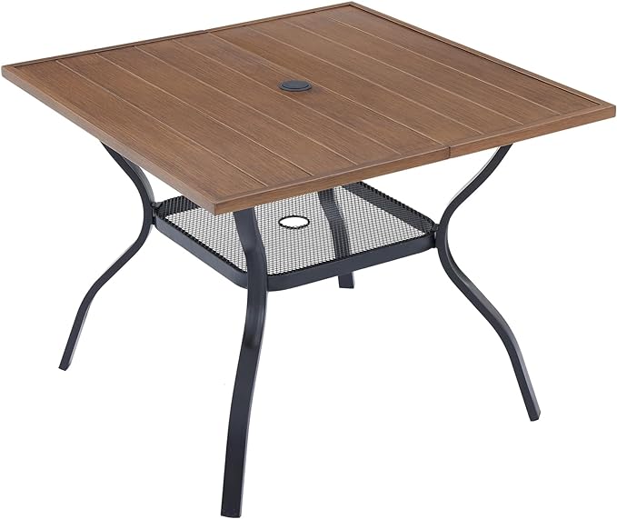 Metal Patio Dining Table for 4, 42" Grey Wood-Like Outdoor Round Table