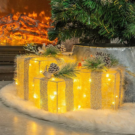 Set of 3 Christmas Lighted Gift Boxes, Plug in 60 LED Light