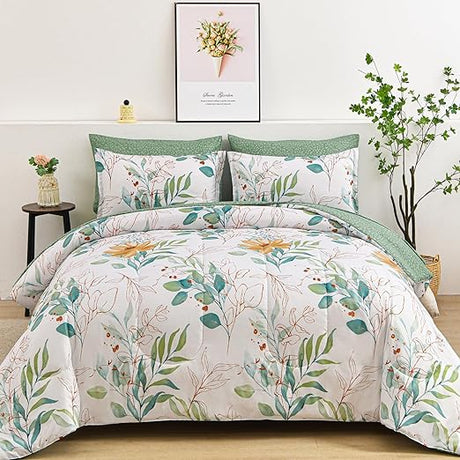 7 Pieces Floral Reversible Bed in a Bag Green Leaves