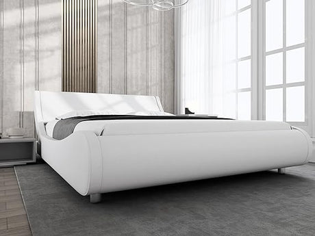 Upholstered King Size Platform Bed Frame Modern Low Profile Sleigh Bed with Faux Leather