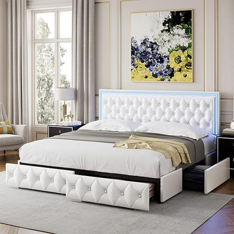 Queen Upholstered LED Bed Frame with 4 Drawers, Velvet Platform Storage Bed