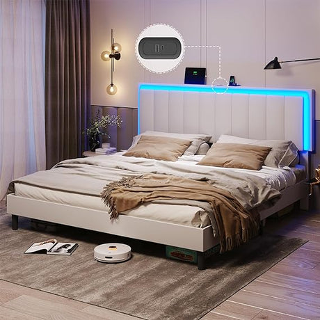 LED Lights Bed Frame – Platform Bed with Adjustable Headboard & USB Ports