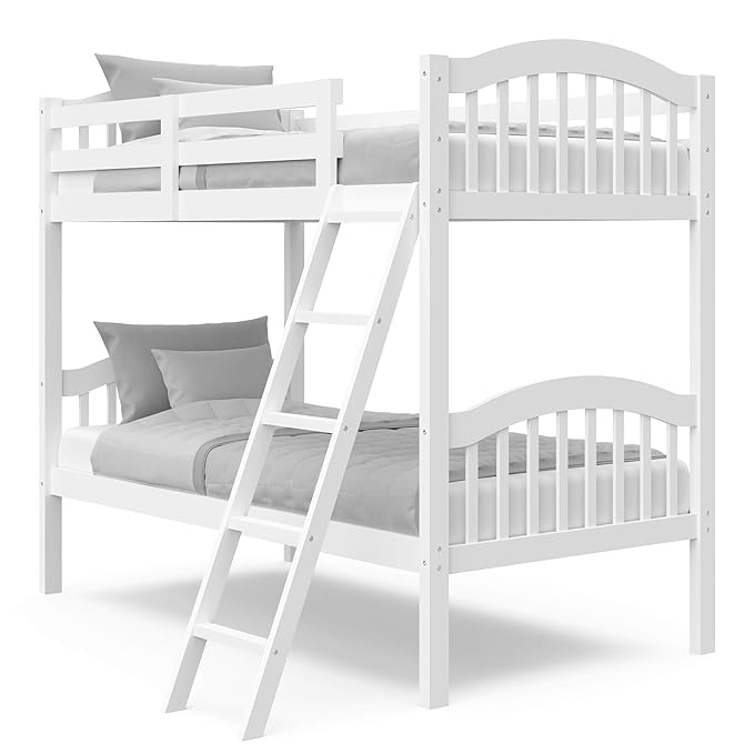 Storkcraft Long Horn Solid Hardwood Twin Bunk Bed, Pink Twin Bunk Beds for Kids with Ladder and Safety Rail