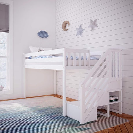 Low Bunk Bed, Twin-Over-Twin Bed Frame For Kids With Slide, White