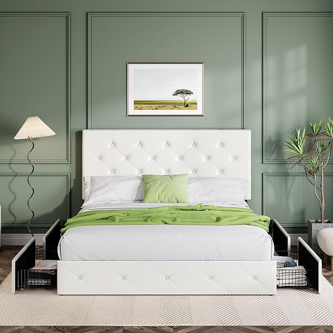 Full Upholstered Storage Bed Frame with 4 Drawers & Adjustable Headboard