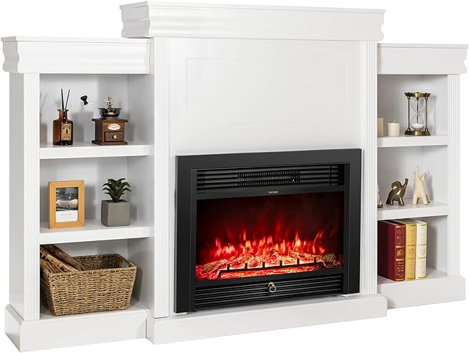 750W/1500W Electric Fireplace w/Mantel & Built-in Bookshelves