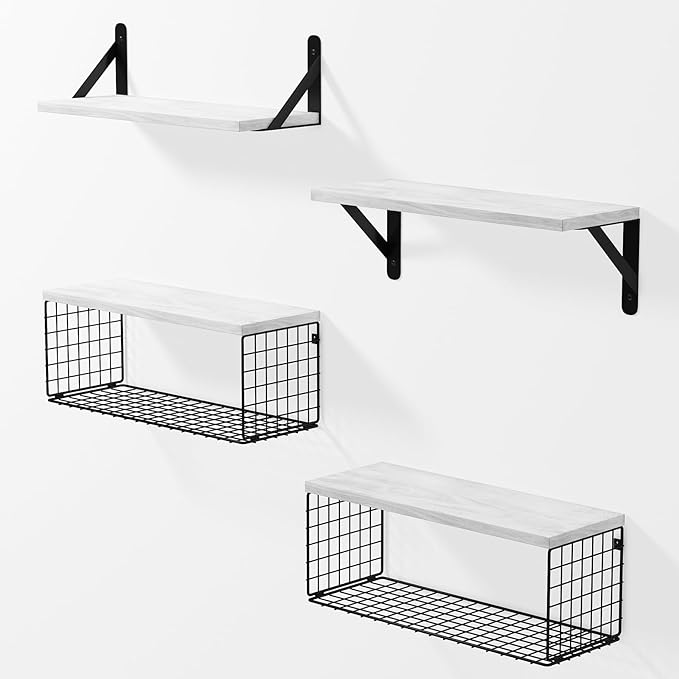 Wall Floating Shelves, Wall Mounted Shelf Set of 4, with Metal Baskets, Rustic Décor Style