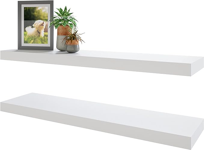 Floating Shelves, Black Wall Mounted Wooden Shelves with Invisible Brackets Set of 2