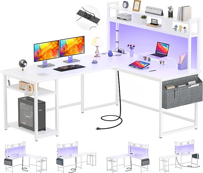 L Shaped Desk with Power Outlet & LED Strip, Reversible L-Shaped Corner Computer Desks