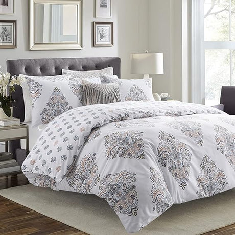 Comforter Queen Size, 600 Thread Count Cotton Blue Floral with Khaki