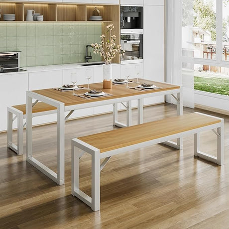 Dining Table Set with Two Benches, Rustic Kitchen Table Set for 4 People, Space-Saving