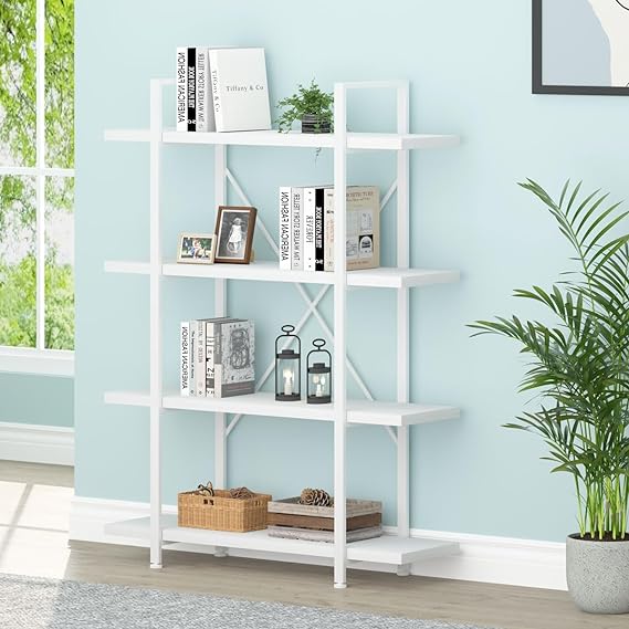 Industrial 4 Tier Bookshelf, Modern Metal and Wood