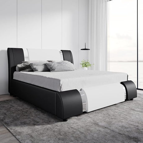 Modern Faux Leather Queen Bed Frame with Adjustable Headboard