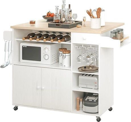 Rolling Kitchen Island Cart with Drop-Leaf and Wine Rack